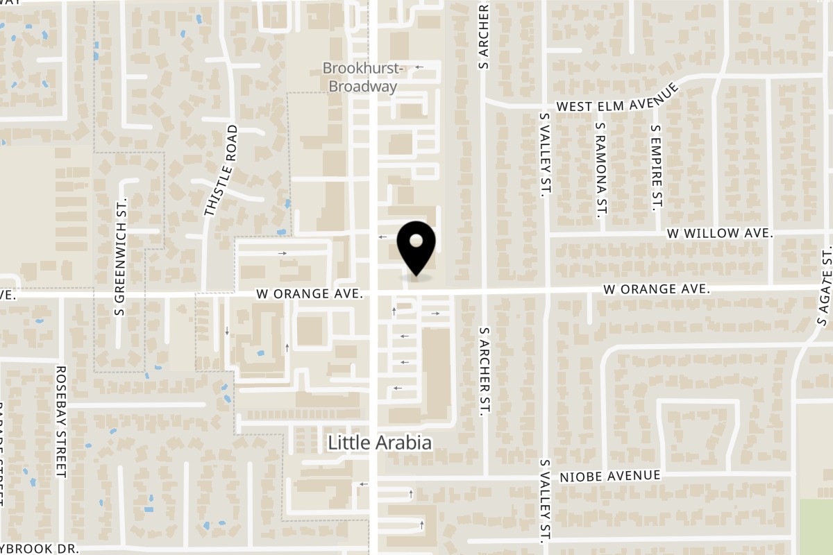 Map showing the location of LA's Hot Chicken Anaheim on 590 S Brookhurst St in Anaheim